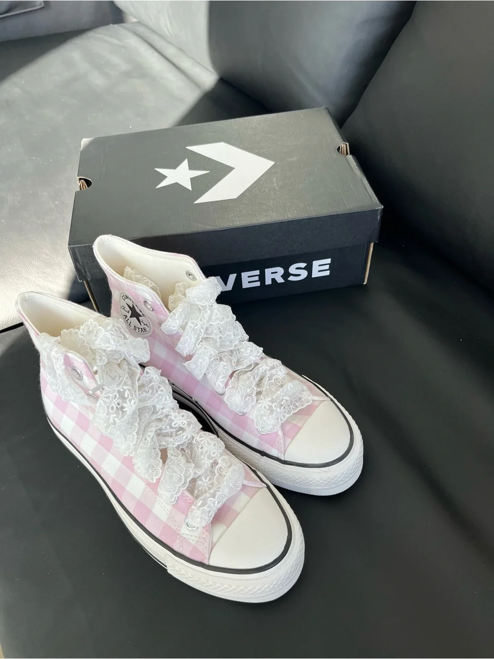 Converse High Top Sneakers Pink and White Gingham Women’s Size US 8 - Picture 7 of 10